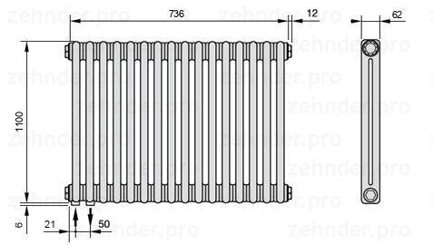 Схема (чертеж) Радиатор Zehnder Charleston 2110/16 №3370 Белый глянцевый RAL 9016